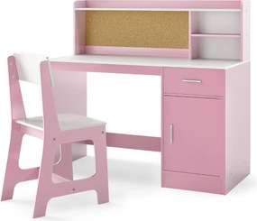 Conjunto de secretaria e cadeira infantil com estante, gaveta, armário, quadro de cortiça e banco com encosto inclinado 109,5 x 48 x 100,5 cm Rosa