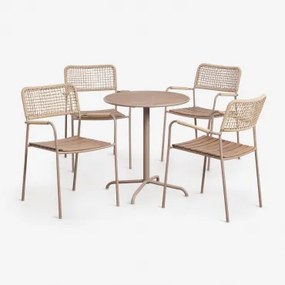 Conjunto De Mesa De Jardim Redonda Ø65 Cm E 4 Cadeiras De Jardim Empilháveis Em Aço E Madeira De Acácia Tilda Moka Brown - Sklum