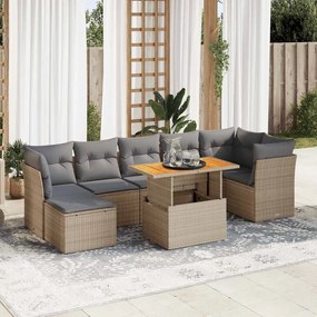 8 pcs conjunto de sofás p/ jardim com almofadões vime PE bege