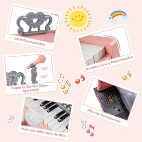 Piano de 25 teclas para crianças 30,5 x 17,5 x 32,5 cm com atril e microfone Brinquedo educativo para aprendizagem precoce 3+ anos Rosa