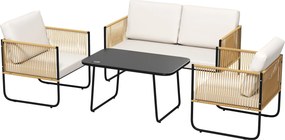 Conjunto de jardim de 4 peças com sofá de 2 lugares, 2 poltronas, 1 mesa de centro de vidro e almofadas – branco creme