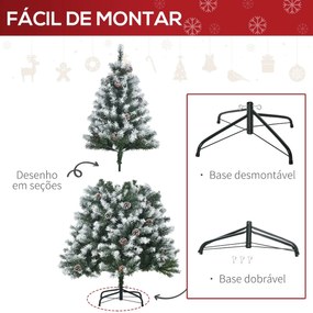 Árvore de Natal Artificial 150cm com 676 Ramas e 41 Pinhas Folhas de PVC com Efeito de Neve Base Dobrável e Suporte Metálico para Interiores Verde