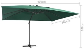 Guarda-sol cantilever luzes LED/poste alumínio 400x300 cm verde