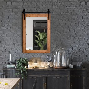 Espelho de parede com moldura de madeira e suporte de metal estilo celeiro 6,5 x 56 cm Castanho