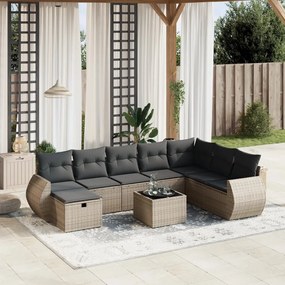 9 pcs conjunto sofás p/ jardim com almofadões vime PE cinzento