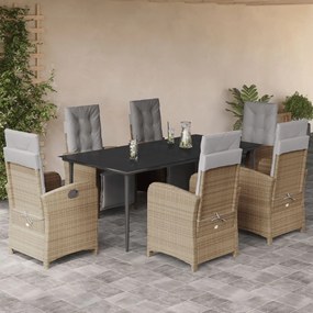 7 pcs conjunto de jantar p/ jardim com almofadões vime PE bege