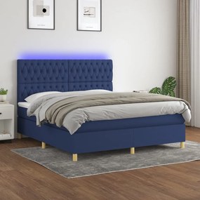 Cama box spring c/ colchão e LED 180x200 cm tecido azul