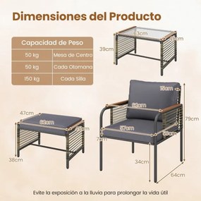 Conjunto de jardim 5 peças Rattan com Almofadas 2 Pufes Mesa de Vidro temperado cinzento