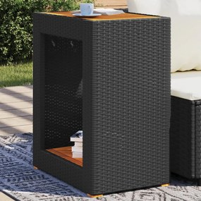 vidaXL Mesa apoio jardim c/ tampo madeira 60x40x75 cm vime PE preto
