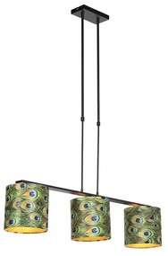Candeeiro de suspensão com abajures de veludo azul petróleo com dourado 20cm - Combi 3 Deluxe Clássico / Antigo