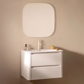 Conjunto De Móvel De Casa De Banho Suspenso Em Madeira Com Lavatório Integrado Egerton Branco & Quadrado Led E Anti-embaciamento 75x75 Cm Riben -