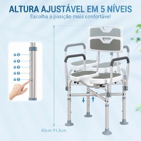 Cadeira de Duche com Abertura em U, Altura Regulável, Antiderrapante, com Encosto e Apoios de Braços, até 136 kg, Cinzento