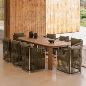 Conjunto De Mesa Retangular 240x100 Cm Em Madeira De Acácia Uleno E 8 Cadeiras De Jardim Sophie Em Alumínio E Corda Trançada Verde Exército Claro -