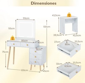 Toucador com espelho e luzes 3 luzes ajustáveis 5 gavetas e banco acolchoada Acabamento em mármore artificial branco