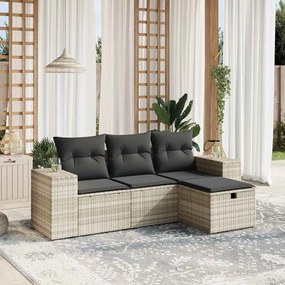 4 pcs conj. sofás jardim c/ almofadões vime PE cinzento-claro