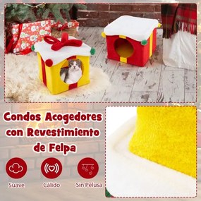 Casa de Natal para gatos de 2 andares em forma de presentes Casa para gatos empilhável com laço Mobiliário para gatos de interior com 2 camas