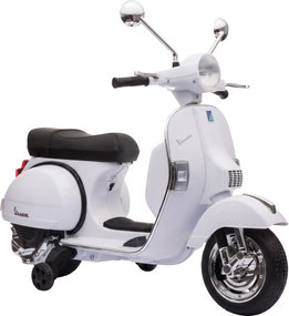 AIYAPLAY Mota Elétrica para Crianças 12V Vespa PX150 com Rodas Auxiliares, 2 Motores, Suspensão Traseira, Música, Luzes, 3 km/h, 3-6 Anos, Branco | Aosom Portugal