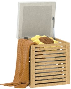 Banco com Armazenamento 57,7L Banco com Arrumação Estofado em Linho Sintético com Estrutura em Bambu 40x40x47 cm Cinza e Madeira