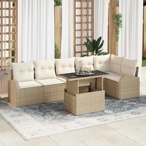 vidaXL Conjunto de sofá de jardim com 7 peças e almofadas bege de polirattan