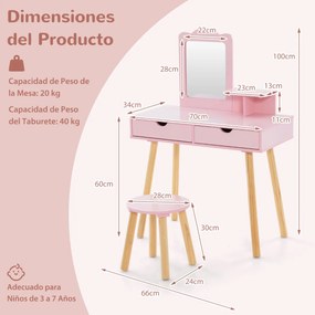 Toucador e banco de madeira para crianças com espelho retangular e 2 gavetas grandes 70 x 34 x 100 cm Rosa