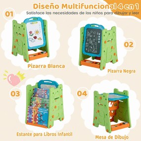 Cavalete Infantil 3 em 1 com Quadro de Dupla Face, 43 x 38,5 x 55,5 cm, Altura Regulável, Verde