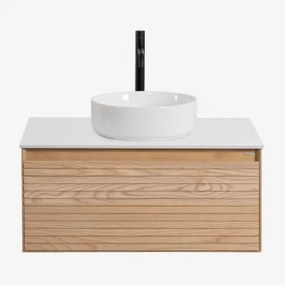 Conjunto De Móvel De Casa De Banho Suspenso Em Madeira De Freixo Tedrik Castanho Fresno & Cerâmica Redonda Branca Ø40 Cm Lenka & Sem - Sklum