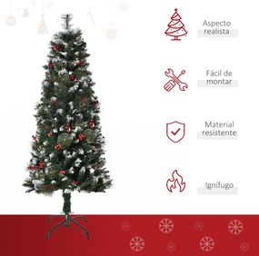 Árvore de Natal Artificial 150cm Ignífugo com 360 Ramos 38 Bagas Folhas de PVC Base Dobrável e Suporte Metálico Verde