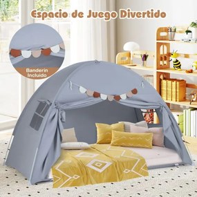Tenda dobrável e portátil brincar para crianças 201 x 100 x 122 cm com 2 janelas e bandeiras para beliches duplos Cinzenta