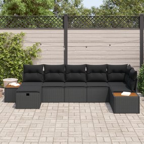 Conjunto de Sofá de Jardim de 7 Peças com Almofadas Pretas de Rattan P