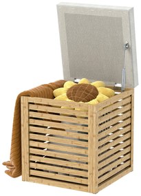Banco com Armazenamento 57,7L Banco com Arrumação Estofado em Linho Sintético com Estrutura em Bambu 40x40x47 cm Cinza e Madeira