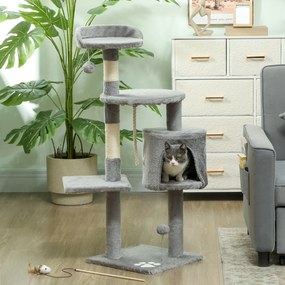Arranhador para gatos com vários acessórios, plataformas, compartimentos abertos, corda e brinquedos – 40 x 40 x 114 cm, cinzento