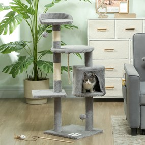 Arranhador para gatos com vários acessórios: arranhadores, plataformas, compartimentos abertos, corda e brinquedos – 40 x 40 x 114 cm – cinzenta