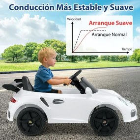 Carro elétrico para crianças de 12 V Porsche licenciado com comando à distância, música, luzes LED, buzina, arranque suave, branco