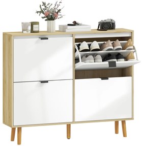 HOMCOM Sapateira Estreita com 4 Portas em Branco Brilho Sapateira de Entrada com Prateleiras Ajustáveis e Pernas de Madeira para 20 Pares de Sapatos 105x24x92,5 cm Branco