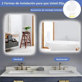 Espelho de Casa de Banho com luzes LED antiembaçantes, 80 x 60 cm, espelho de parede, função memória, 3 temperaturas de cor, espelho vertical e horizo