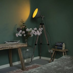 Candeeiro de pé industrial em tripé de madeira com cúpula cinzenta - Laos