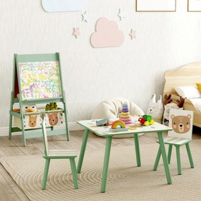Conjunto para Crianças Inclui 1 Mesa com 2 Cadeiras Infantis e 1 Cavalete 3 em 1 com Cestos de Armazenamento Desenho de Animais Verde