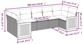 7 pcs conjunto sofás p/ jardim c/ almofadões vime PE cinzento