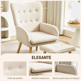 Poltrona com Apoio para Pés Poltrona de Leitura com Capitonê Pés de Madeira e Revestimento em Linho 70x72x94 cm Bege