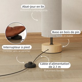 Candeeiro de pé para sala de estar com abajur em linho 15 x 15x 120 cm, interruptor de pé, 2 tomadas E27 bege