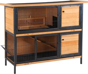 PawHut Gaiola para Coelhos de Madeira de 2 Níveis com Teto Asfáltico Rebatível e Rampa para Exterior 122x50x101 cm Madeira e Preto | Aosom Portugal