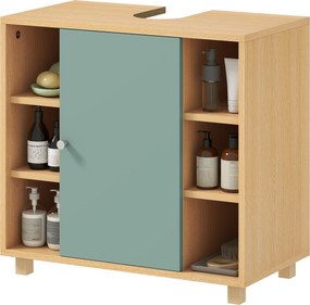 Móvel para lavatório, (NÃO INCLUIDO) móvel de casa de banho com 6 prateleiras abertas e porta com fecho amortecido, 60 x 33 x 57 cm, verde, natural