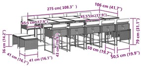 15 pcs conjunto de jantar p/jardim com almofadões vime PE preto