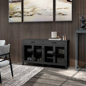 Aparador baixo com 4 portas, prateleiras ajustáveis e 2 gavetas, estilo industrial, 150 x 40 x 85 cm, preto
