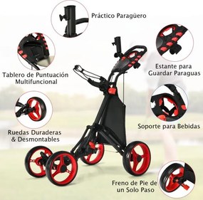Carrinho de golfe dobrável, leve e de 4 rodas, com saco impermeável e travão de pé, suporte ajustável para guarda-chuva e copo - vermelho