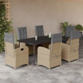 7 pcs conj. jantar jardim c/ almofadões vime PE bege misturado