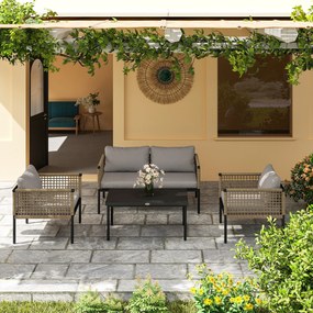 Conjunto de Jardim de Vime Sintético de 4 Peças Inclui 1 Sofá Duplo 2 Cadeiras e Mesa de Centro com Almofadas Madeira e Cinzento