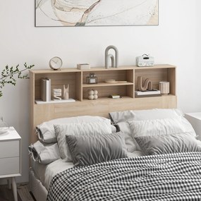 Cabeceira de cama com pés e arrumação, acessório de cama com 4 compartimentos abertos, 140 x 19 x 103,5 cm, efeito de madeira natural