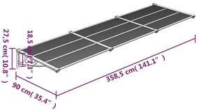 Toldo para porta 358,5x90cm policarbonato cinzento/transparente