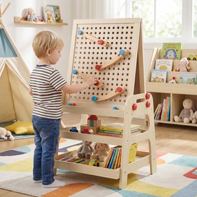 Cavalete Infantil 2 em 1, 51 x 48,5 x 91 cm, Quadro Magnético e Jogo de Berlindes, Natural